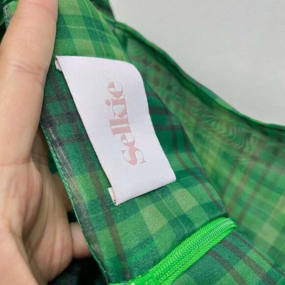 Selkie The Beth Plaid Puff Mini Dress Small Green Checks - Picture 9 of 13